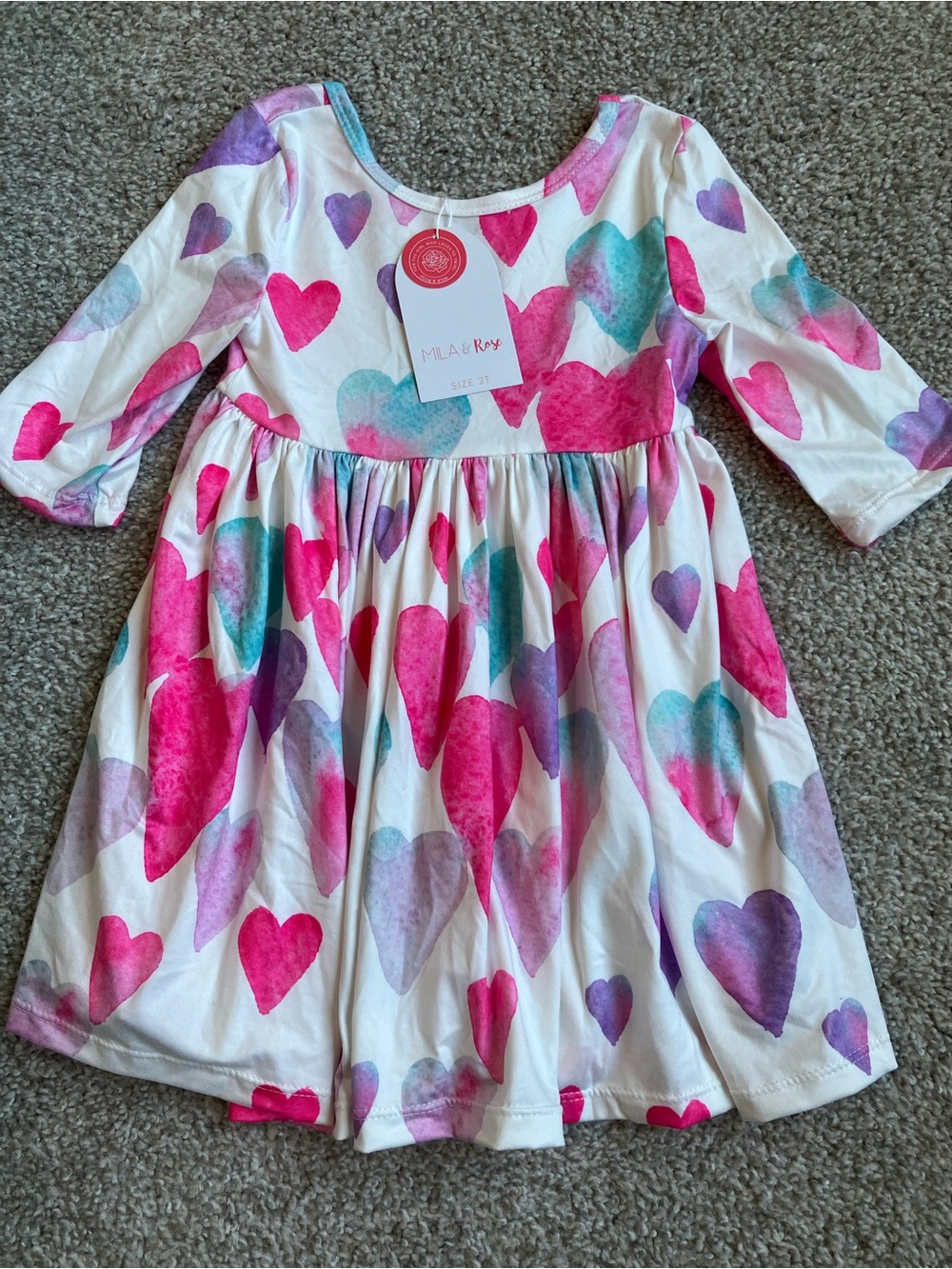 Mila & Roy White Heart-Print Cotton Dress in Pink, Purple & Teal
